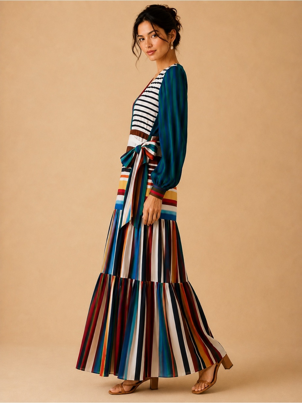 Farm Rio Thalita Stripe Multicolor Flowy Belted V-Neck Tiered Maxi Dress NWT - Picture 4 of 8